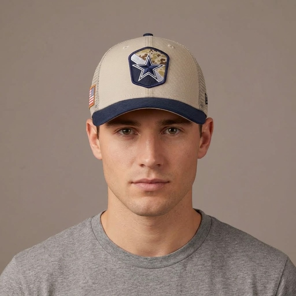 New Era 9FIFTY Cowboys Salute To Service Trucker Hat Mens OSFM Tan Navy EUC